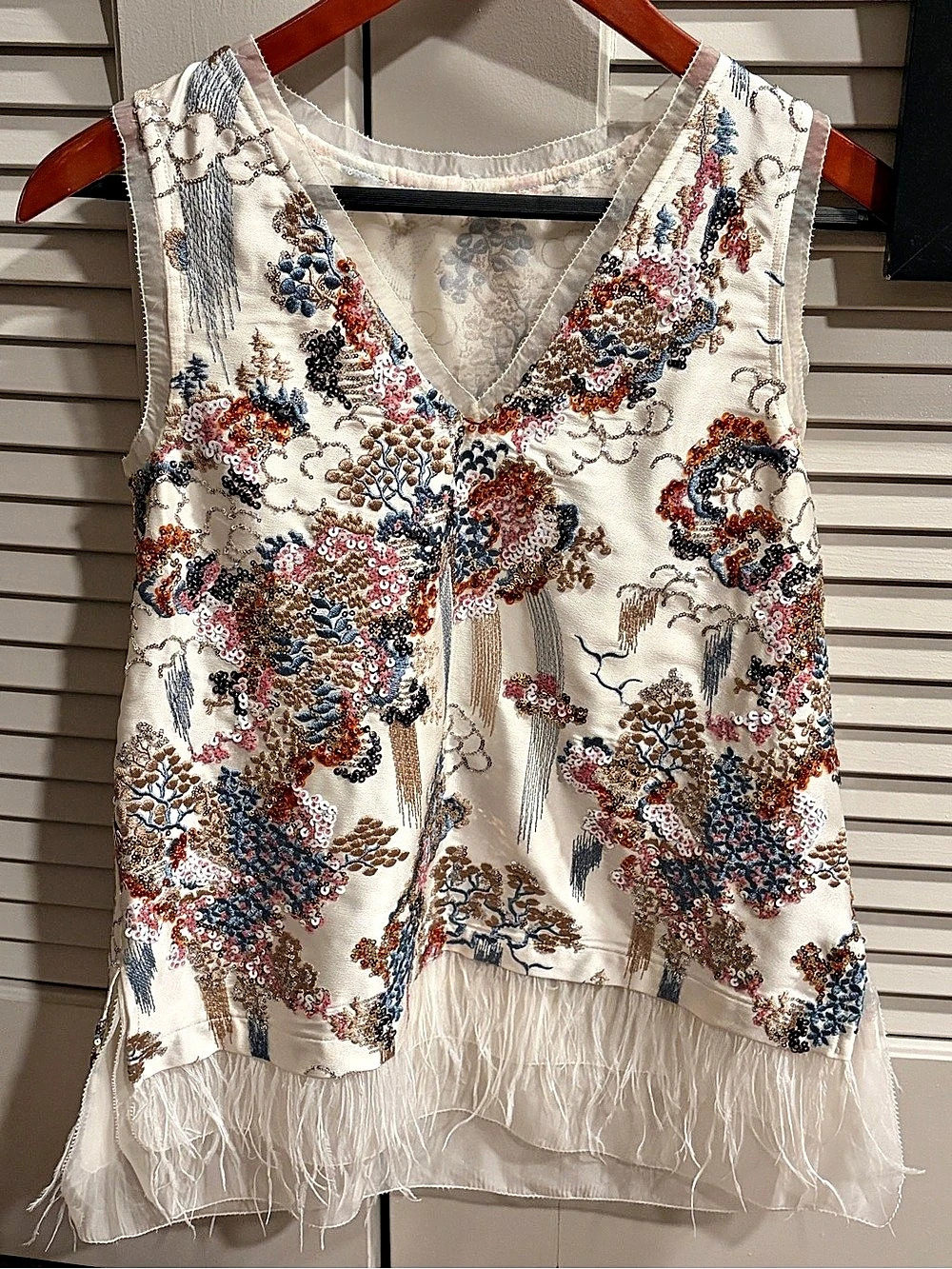 Floral beading Sequin Feather Trim Blouse in White & Blue Like New